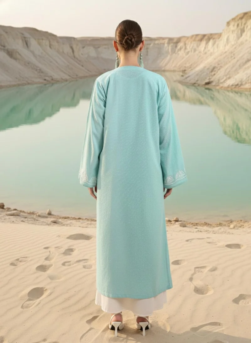 ISHIN Aqua Blue Thread Embroidered Layered Abaya with Hijab